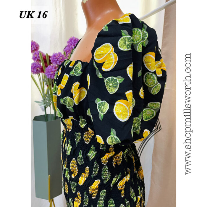 ASOS DESIGN off shoulder mini dress with shirring in lemon and lime print - Image 5