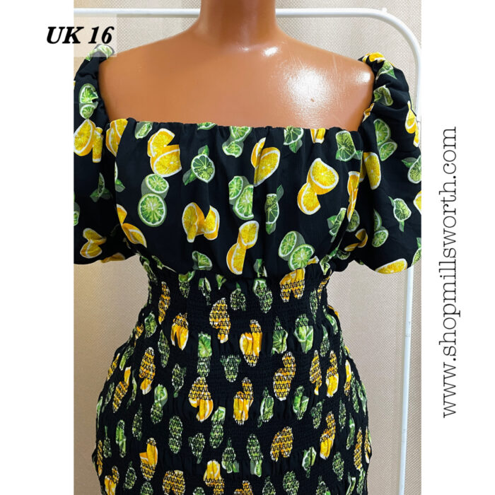 ASOS DESIGN off shoulder mini dress with shirring in lemon and lime print - Image 3