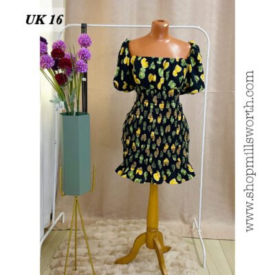 ASOS DESIGN off shoulder mini dress with shirring in lemon and lime print