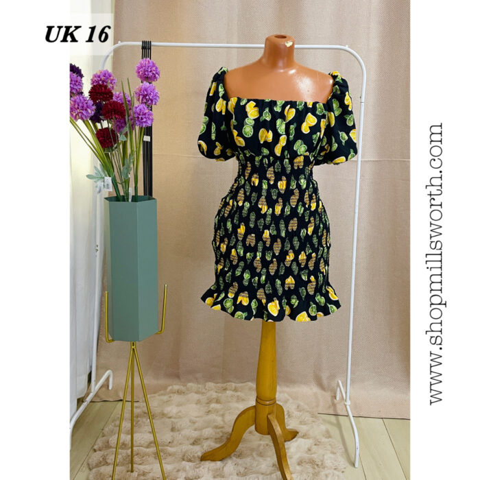 ASOS DESIGN off shoulder mini dress with shirring in lemon and lime print - Image 1