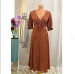 ASOS Design Tie Front Midi Tea Dress with godets in rust and ivory dots.
