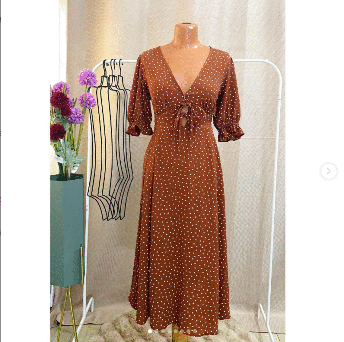 ASOS Design Tie Front Midi Tea Dress with godets in rust and ivory dots. - Image 1