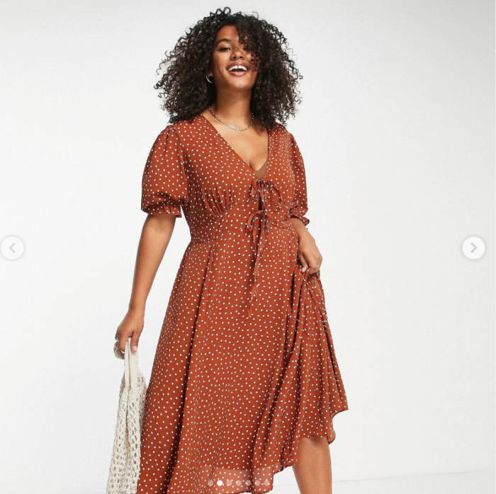 ASOS Design Tie Front Midi Tea Dress with godets in rust and ivory dots. - Image 3