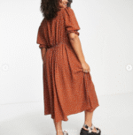 ASOS Design Tie Front Midi Tea Dress with godets in rust and ivory dots. - Image 2