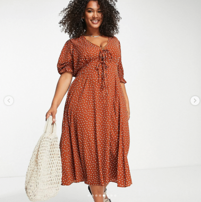 ASOS Design Tie Front Midi Tea Dress with godets in rust and ivory dots. - Image 5
