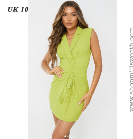 Prettylittlething Lime Linen Look Shoulder Pad Lace Up Sleeveless Bodycon Dress