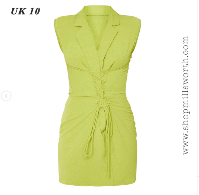 Prettylittlething Lime Linen Look Shoulder Pad Lace Up Sleeveless Bodycon Dress - Image 3