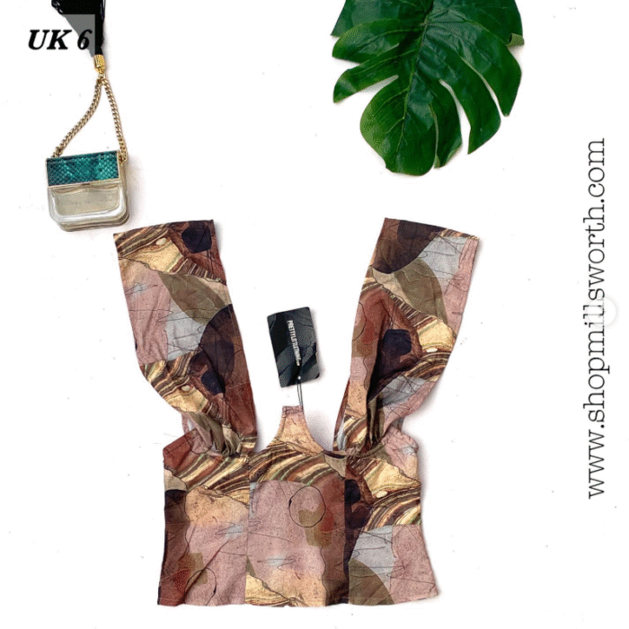 Prettylittlething Beige Woven Abstract Cross Over Zip Top - Image 4