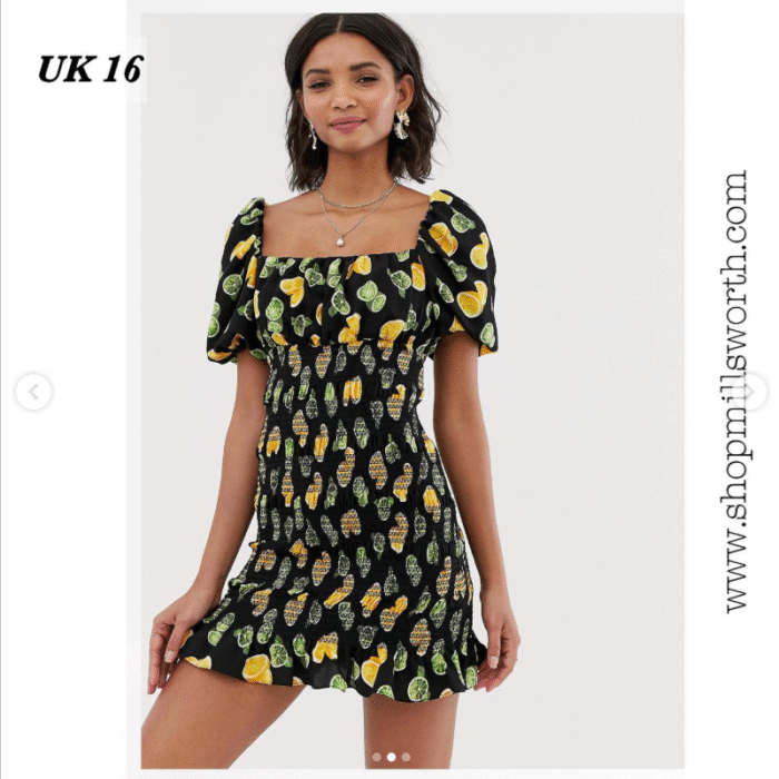 ASOS DESIGN off shoulder mini dress with shirring in lemon and lime print - Image 2