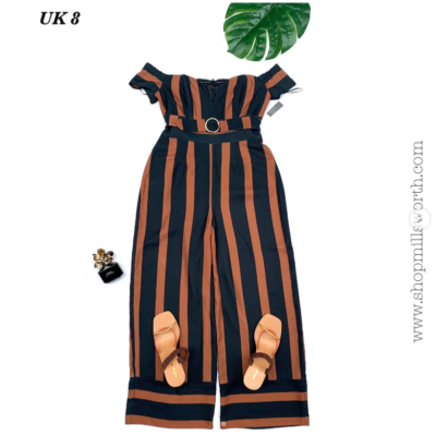 Bravado Brown and Black Striped Bardot Culotte Jumpsuit
