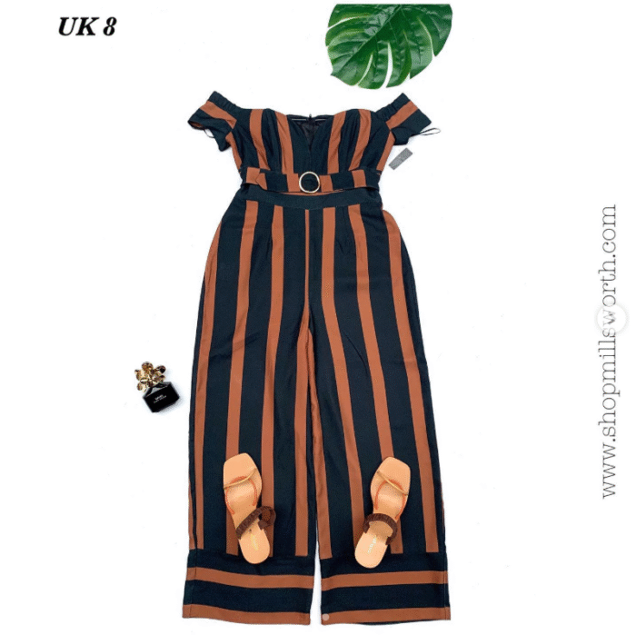 Bravado Brown and Black Striped Bardot Culotte Jumpsuit - Image 1