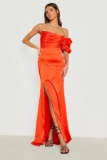 Boohoo Occasion Puff Sleeve Satin One Shoulder Maxi Dress - Image 5