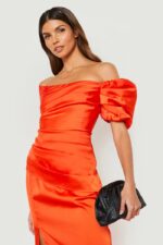 Boohoo Occasion Puff Sleeve Satin One Shoulder Maxi Dress - Image 3