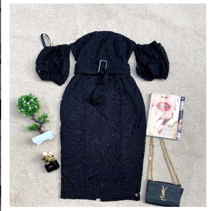 Boohoo Lace Off The Shoulder Belted Midi Dress - Image 1