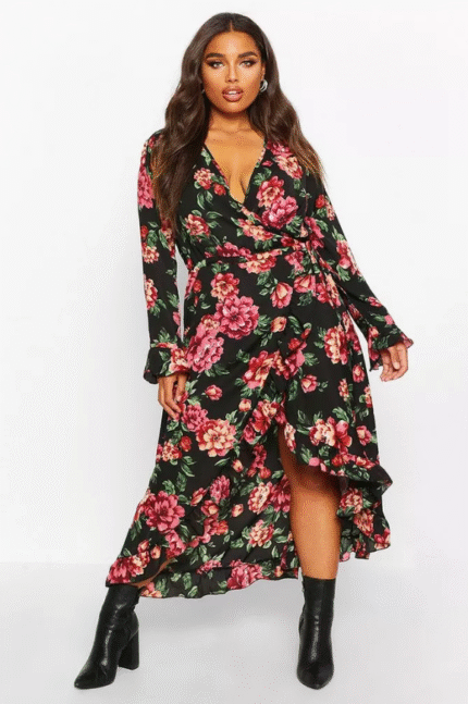 Boohoo Plus Ruffle Wrap Floral Midi Dress