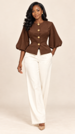 Gold Buttoned Detail Puff Sleeve Top - Image 2